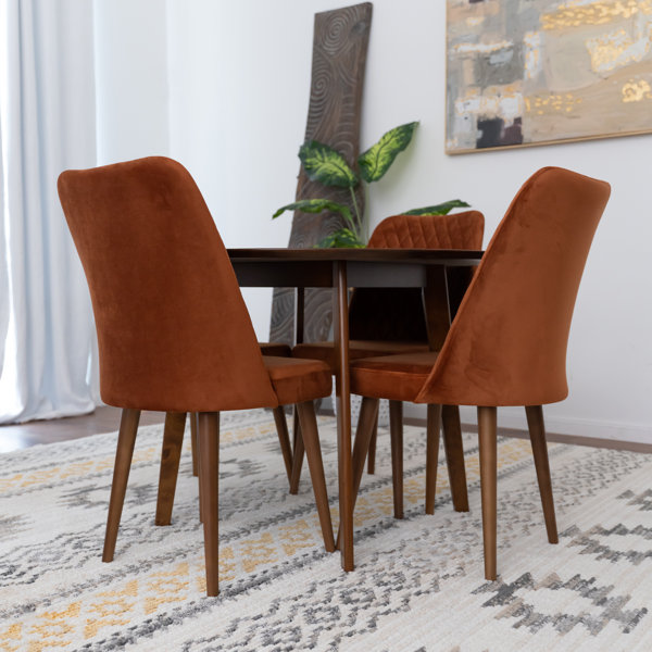 Corrigan Studio® Alina Solid Wood Round Dining Set w/ 4 Velvet Dining